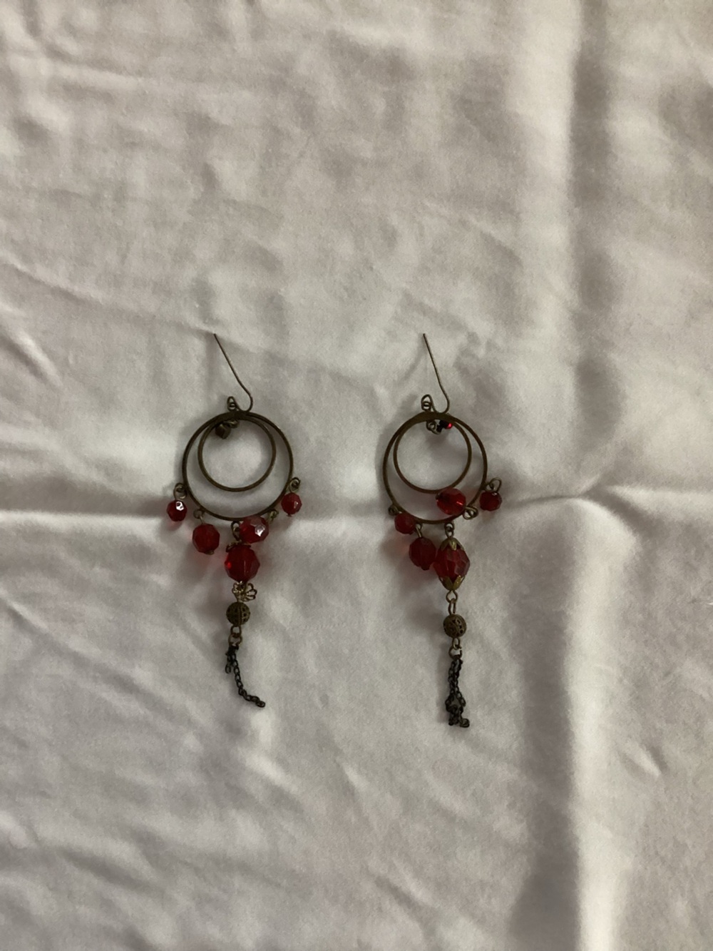 Handcrafted Red Bead Hoop Drop Earrings - Brass Tone